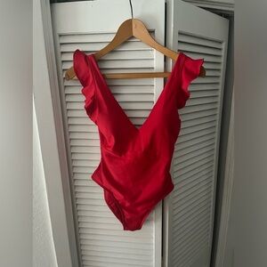 Quince One Piece Red Ruffle Sleeve Low Back Swimsuit